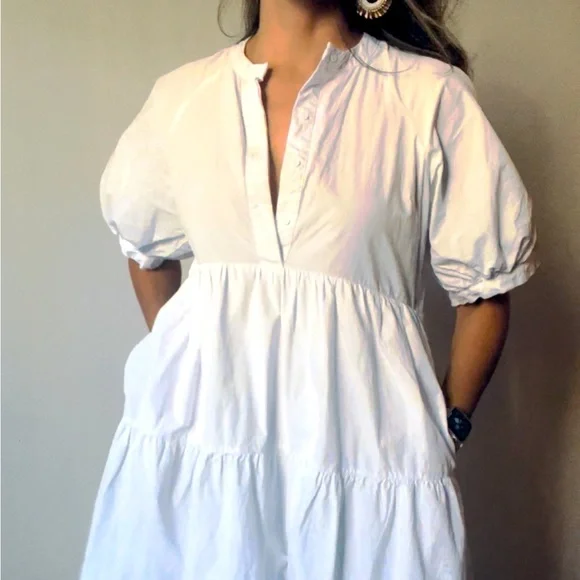 English Factory 100% cotton midi white tiered dress with puff sleeves and pocket - Picture 2 of 6